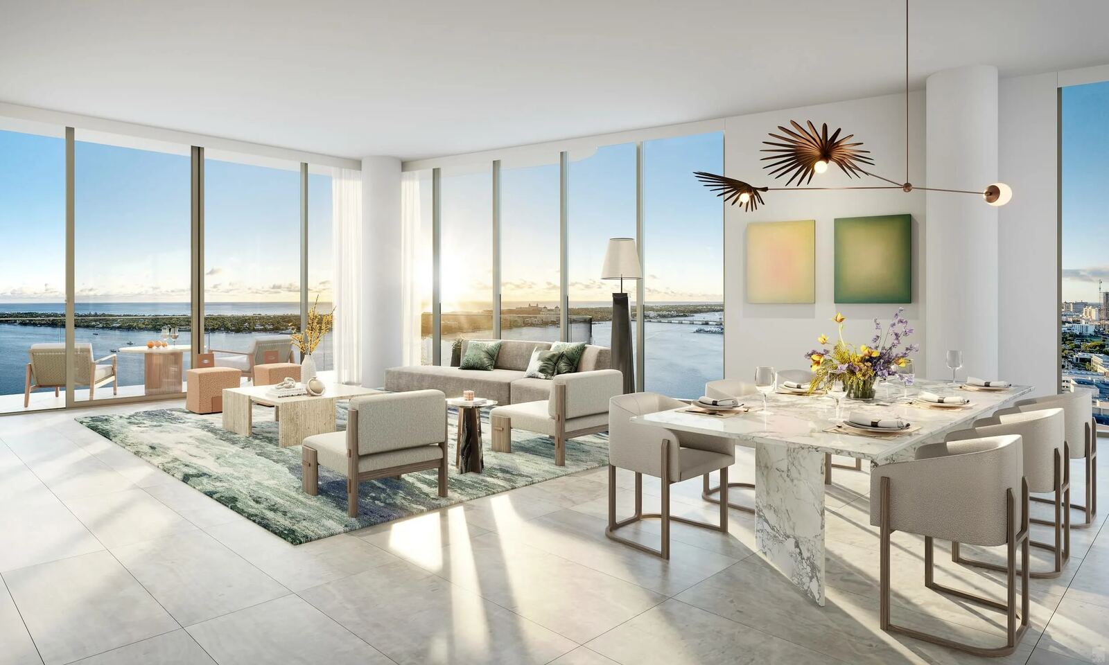 Sala y comedor por Rockwell Group con vistas al Intracoastal y Palm Beach Island en The Ritz-Carlton Residences West Palm Beach