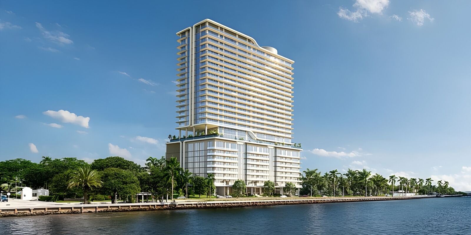27-story waterfront tower of The Ritz-Carlton Residences West Palm Beach on North Flagler Drive, home to the Penthouse A residence now under contract