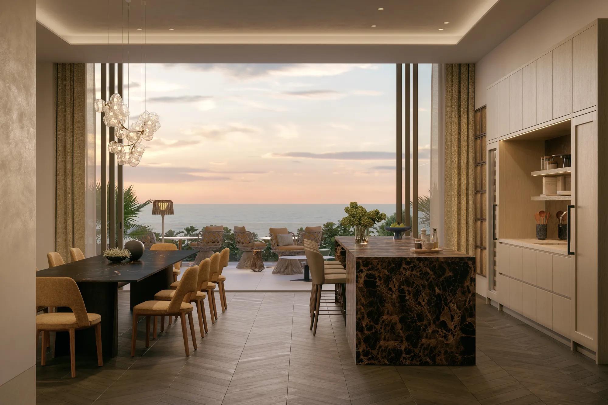 Render de una cocina y comedor de Rosewood Residences Naples con isla de m&aacute;rmol que se abre a una terraza frente al Golfo al atardecer, Naples, Florida
