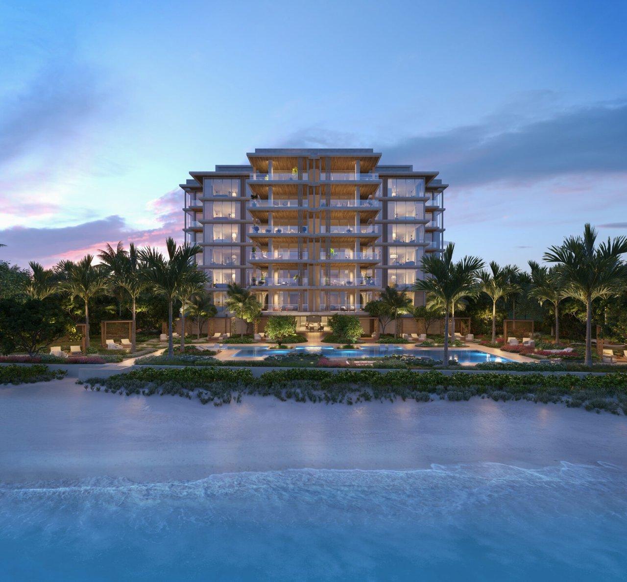 Render de los edificios de condominios frente al mar de Rosewood Residences Naples al atardecer sobre el Golfo de M&eacute;xico en Coquina Sands, Naples, Florida