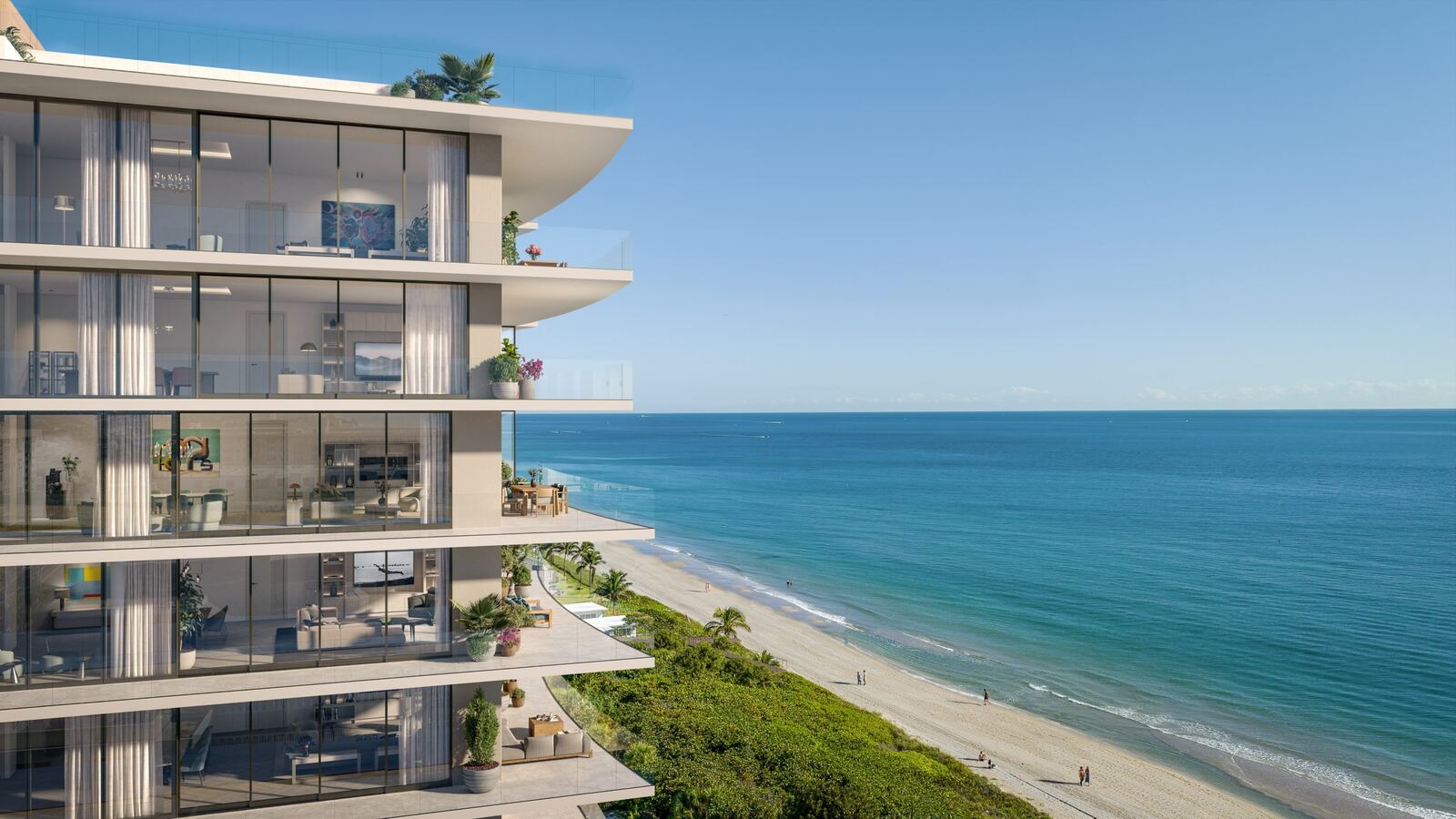 Glass-wrapped terraces of Rosewood Residences Hillsboro Beach overlooking the sand and Atlantic on Millionaire's Mile