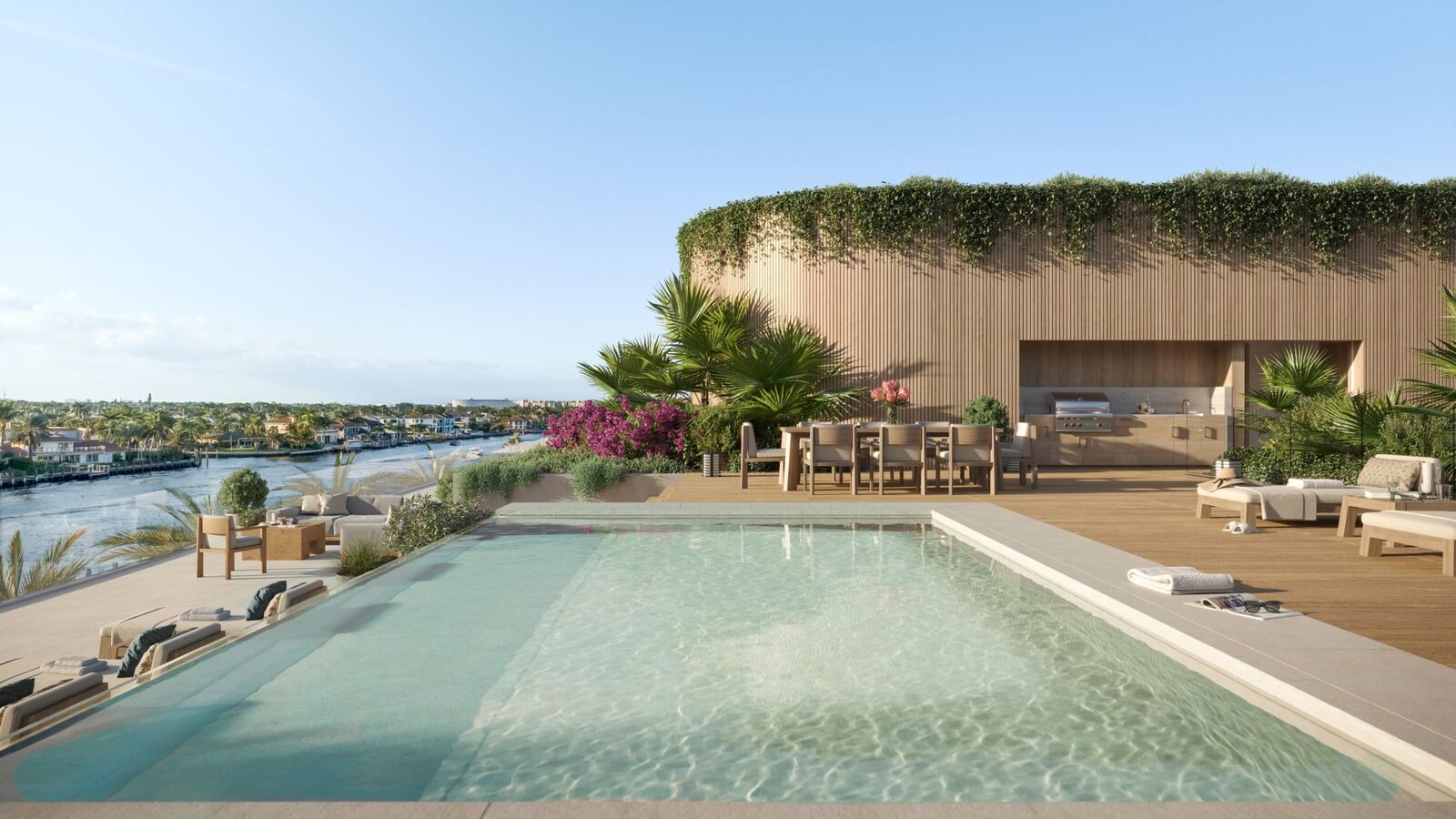 Private rooftop pool with outdoor kitchen and dining terrace above the Intracoastal at Rosewood Residences Hillsboro Beach