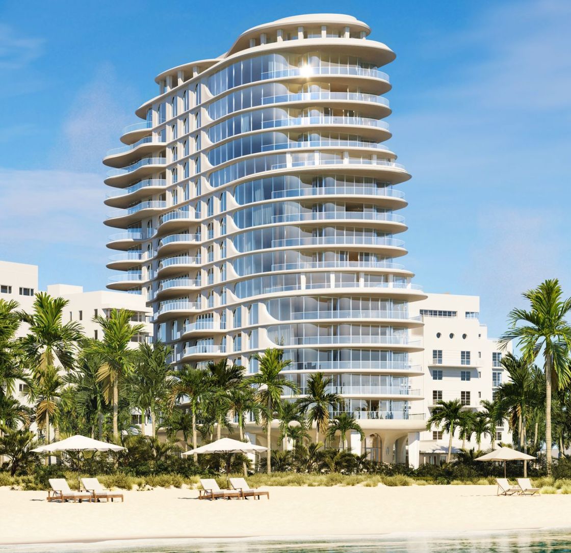 Render frente al mar de la torre de The Shore Club Private Collection en Miami Beach, rodeada de palmeras sobre la arena