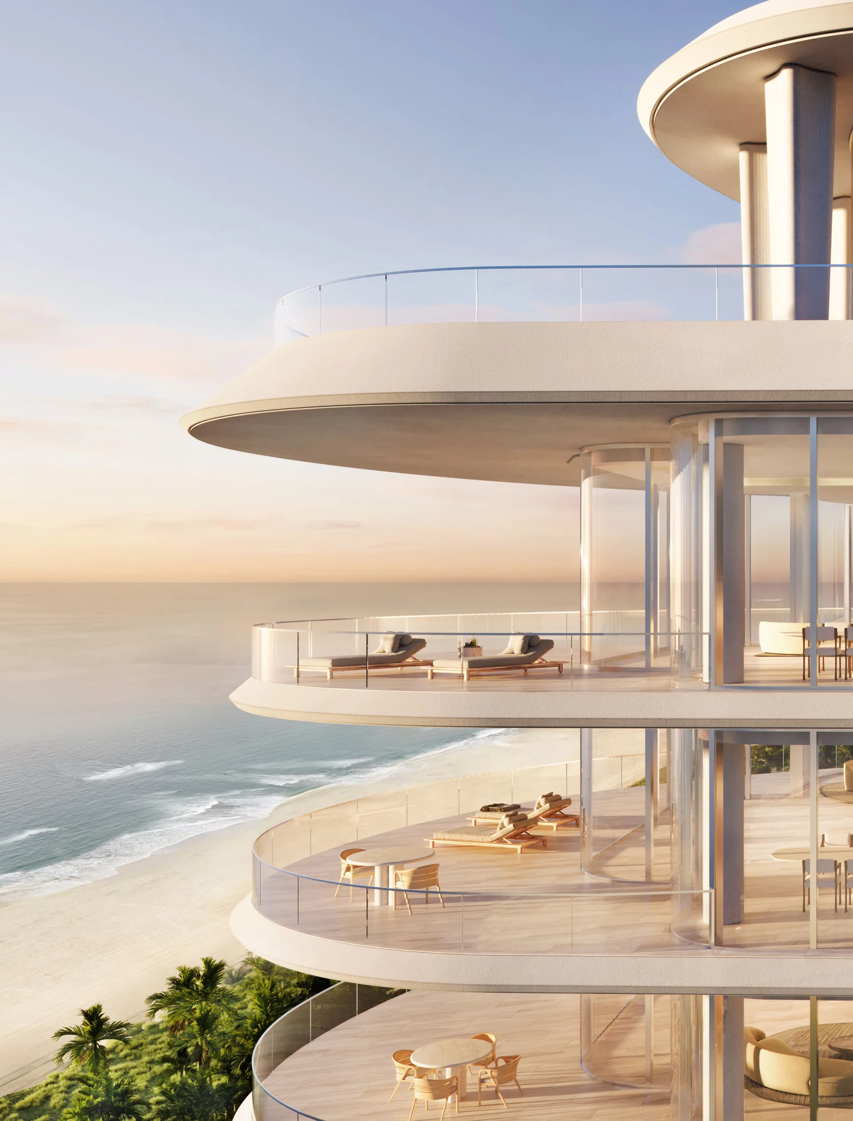 Rendering of curved oceanfront terraces at Shore Club Private Collection, showing stacked rounded balconies with glass railings above the Miami Beach shoreline at sunset