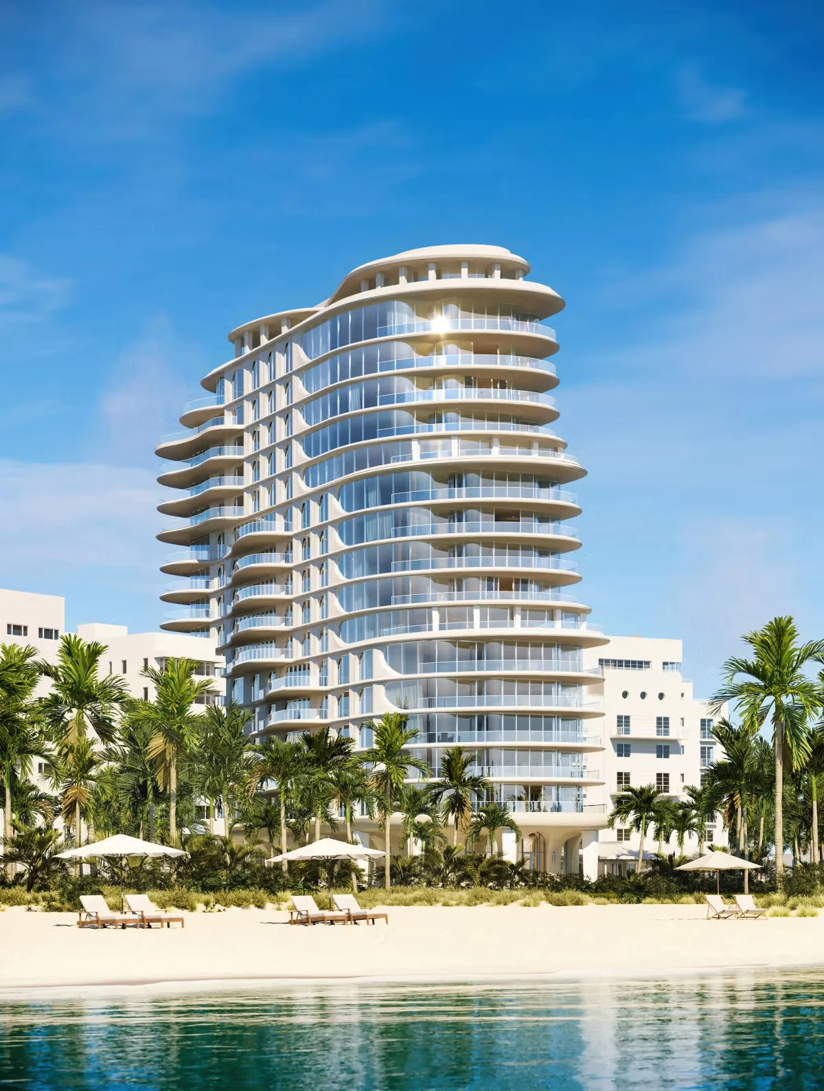 Rendering of the Shore Club Private Collection tower in Miami Beach, a curved white oceanfront residential building with rounded balcony terraces seen from the beach