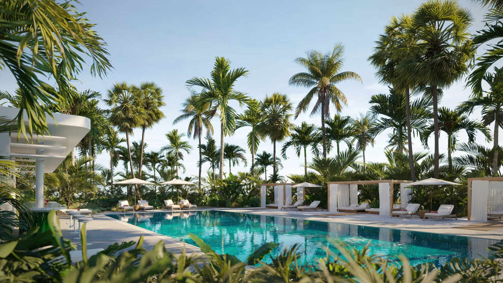 Rendering of the Shore Club Private Collection pool deck surrounded by mature palms, with cabanas, loungers and a poolside bar