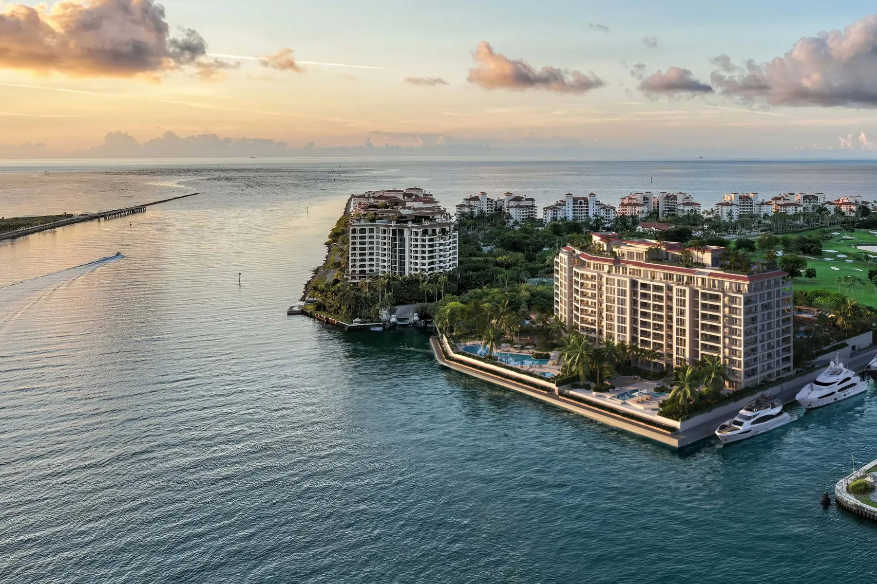 Aerial rendering of The Residences at Six Fisher Island on the island's western shoreline beside the marina