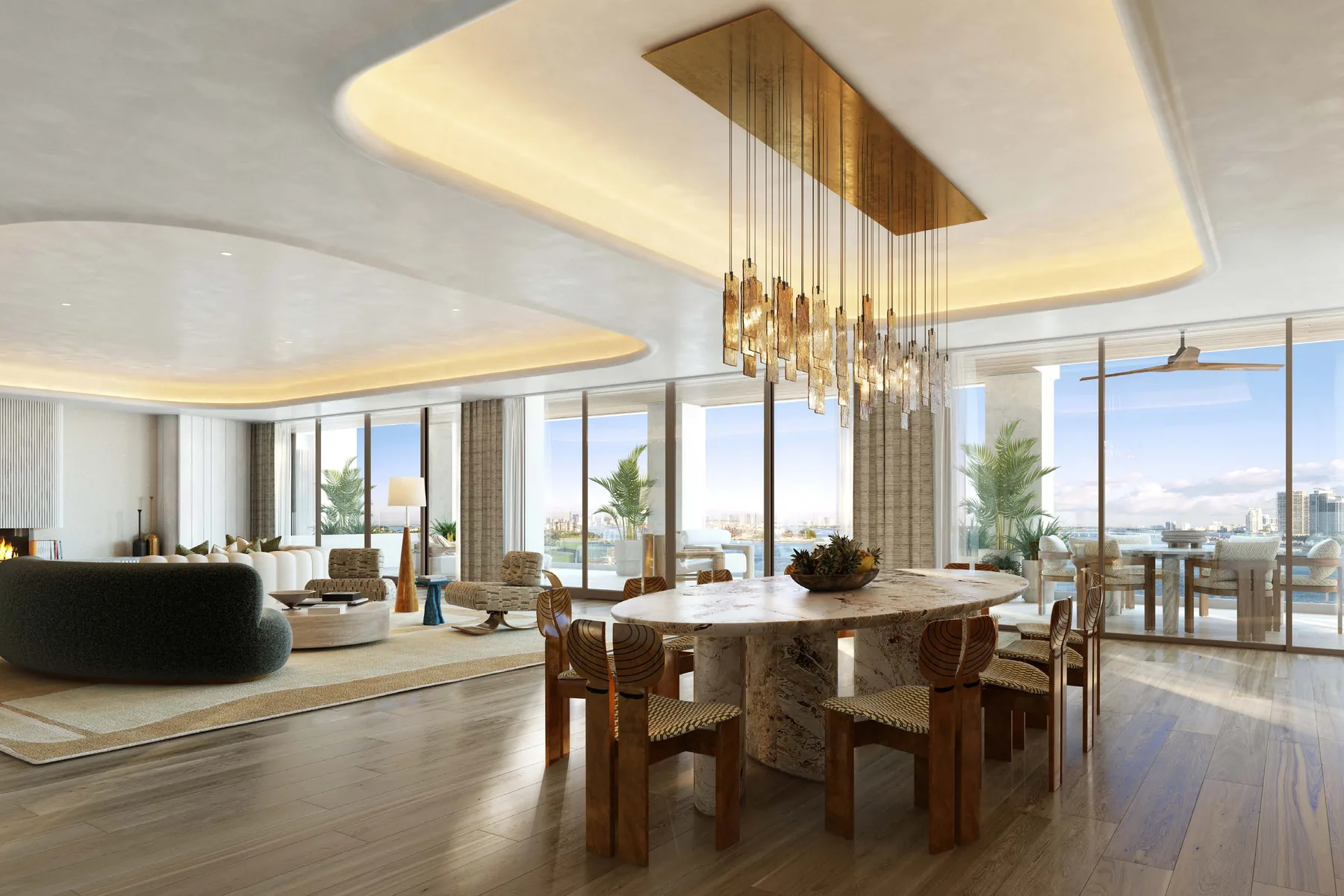 Great room rendering with approximately 10-foot ceilings and floor-to-ceiling water views at Six Fisher Island