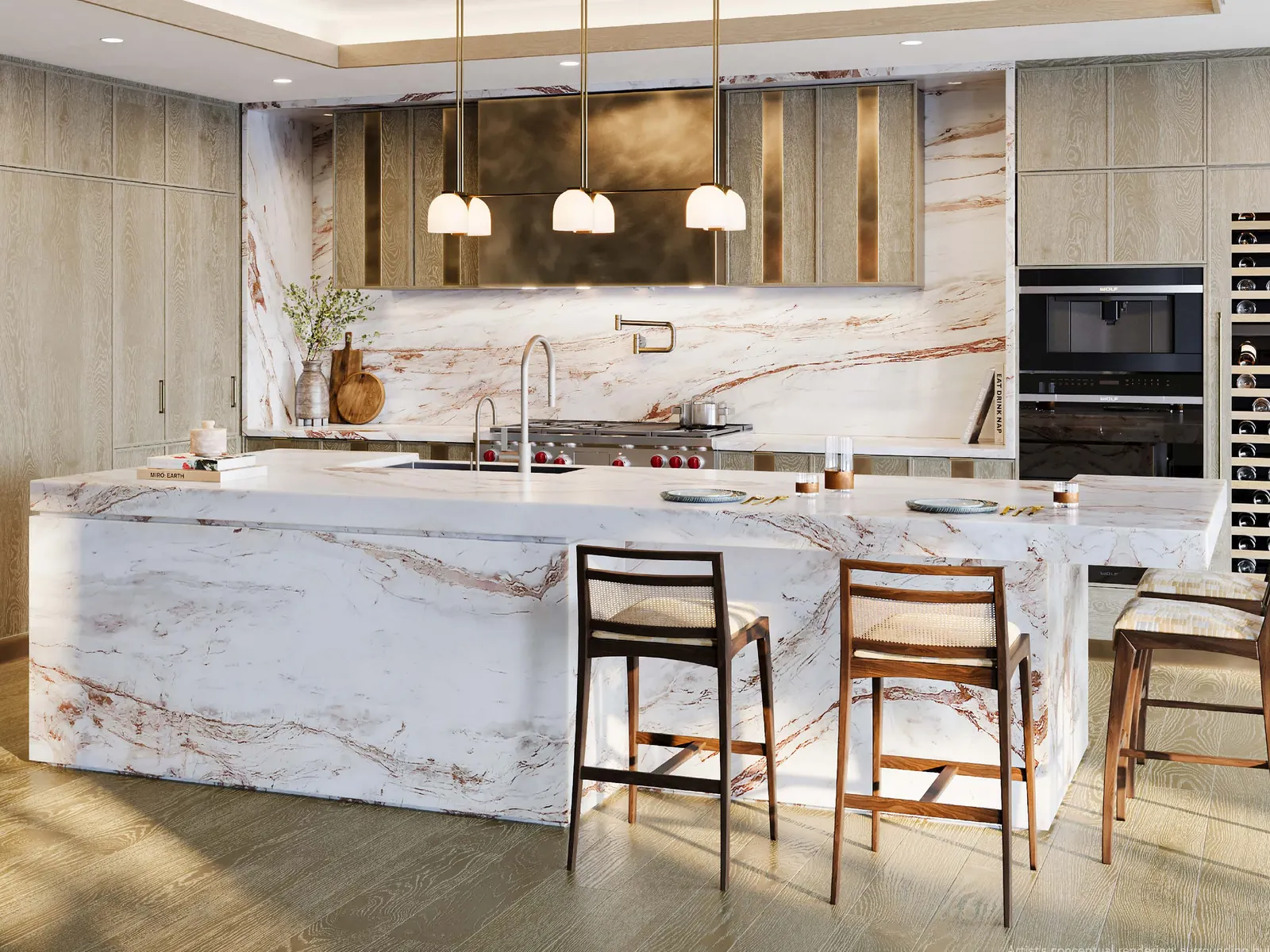 Custom kitchen rendering with Sub-Zero and Wolf appliances at Six Fisher Island