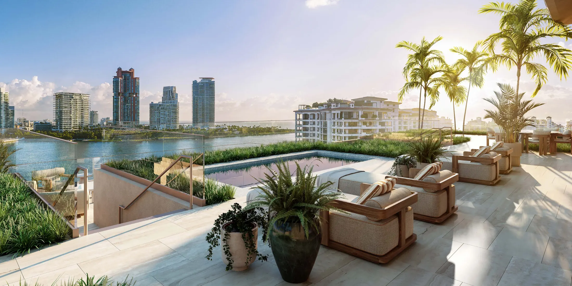 Penthouse terrace rendering overlooking Biscayne Bay and the Miami Beach skyline at Six Fisher Island