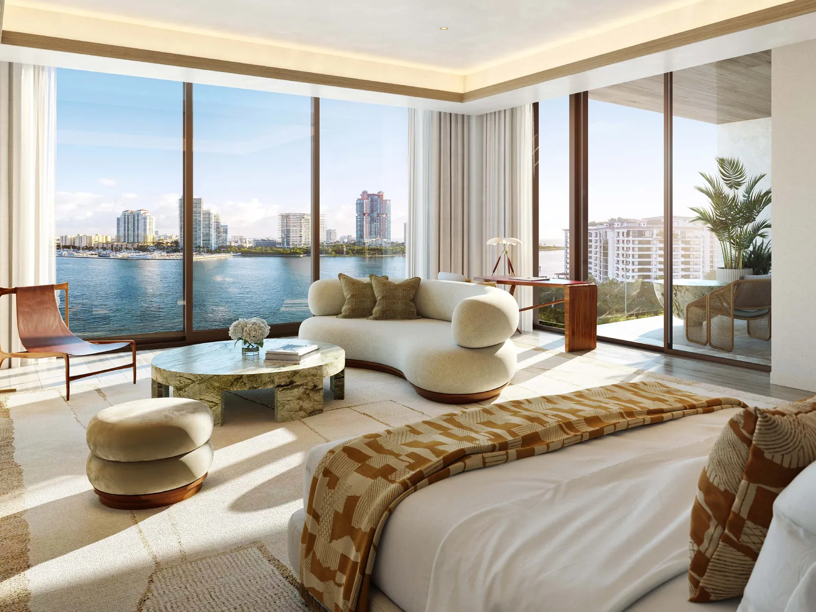 Primary suite rendering at Six Fisher Island