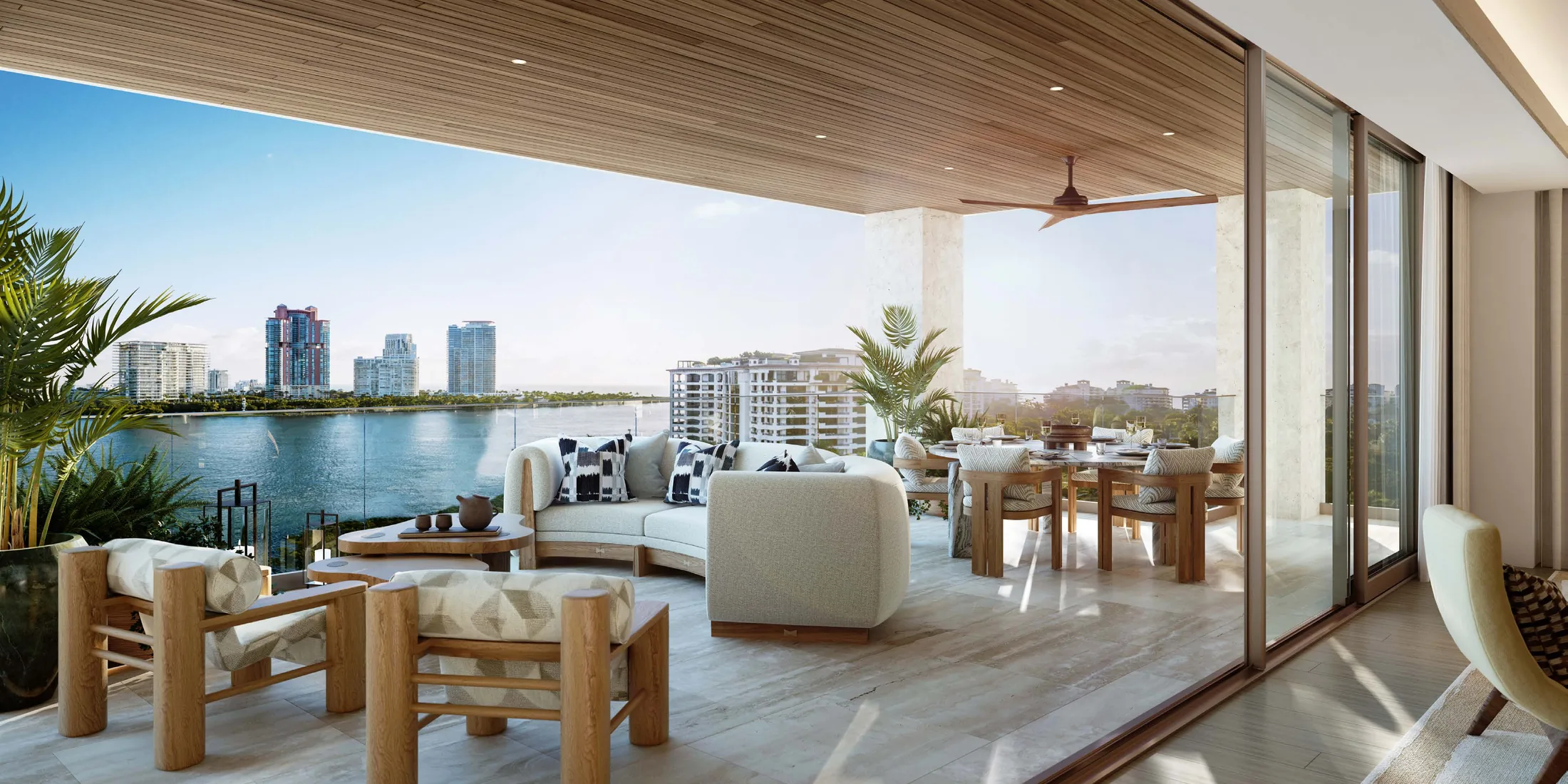 Rendering of a private terrace approximately 15 feet deep overlooking the water at Six Fisher Island