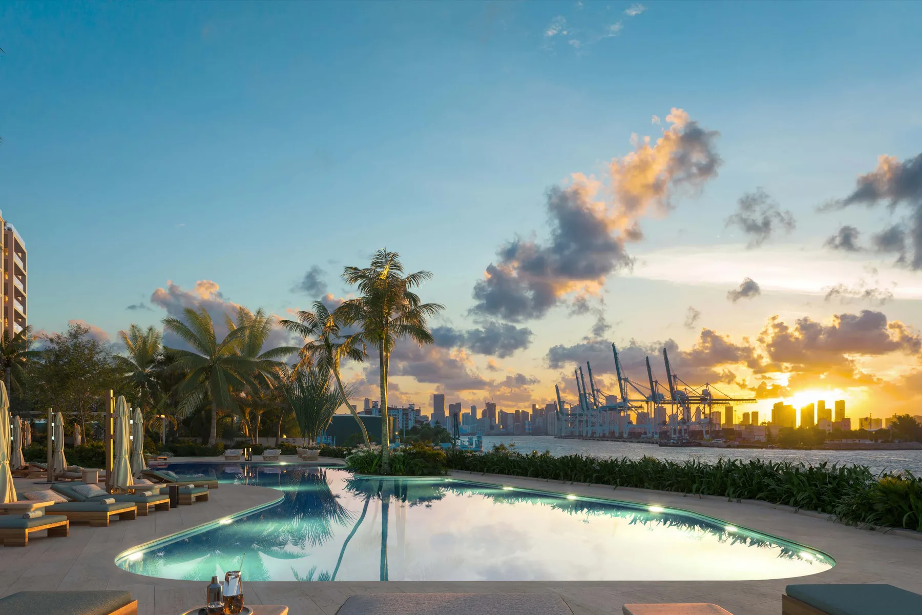 Sunset-facing pool rendering at Six Fisher Island