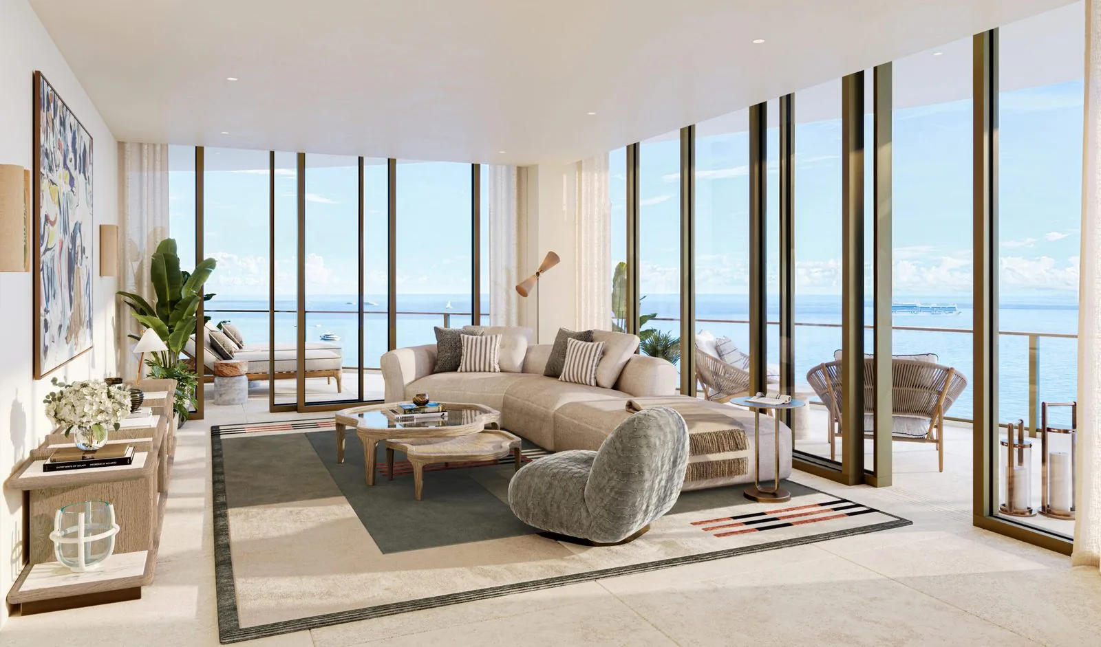Oceanfront living room interior at The St. Regis Residences, Bahia Mar with floor-to-ceiling glass and ocean views (artist's conceptual rendering)