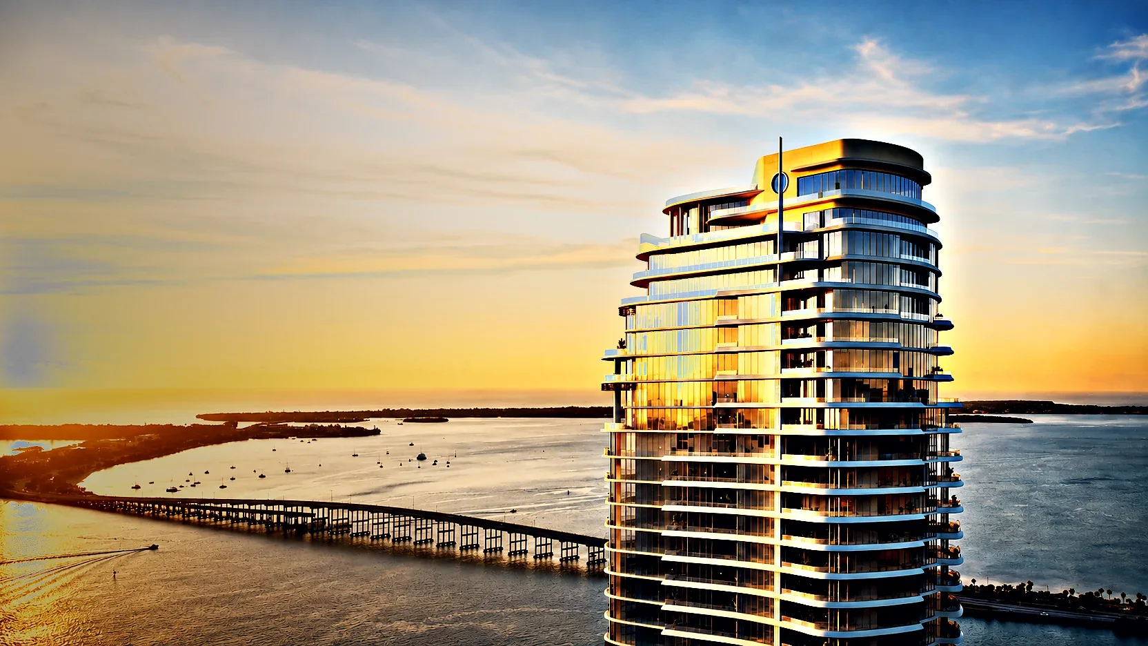 Rendering of The St. Regis Residences, Miami rising above Biscayne Bay at sunset on the South Brickell waterfront at 1809 Brickell Avenue