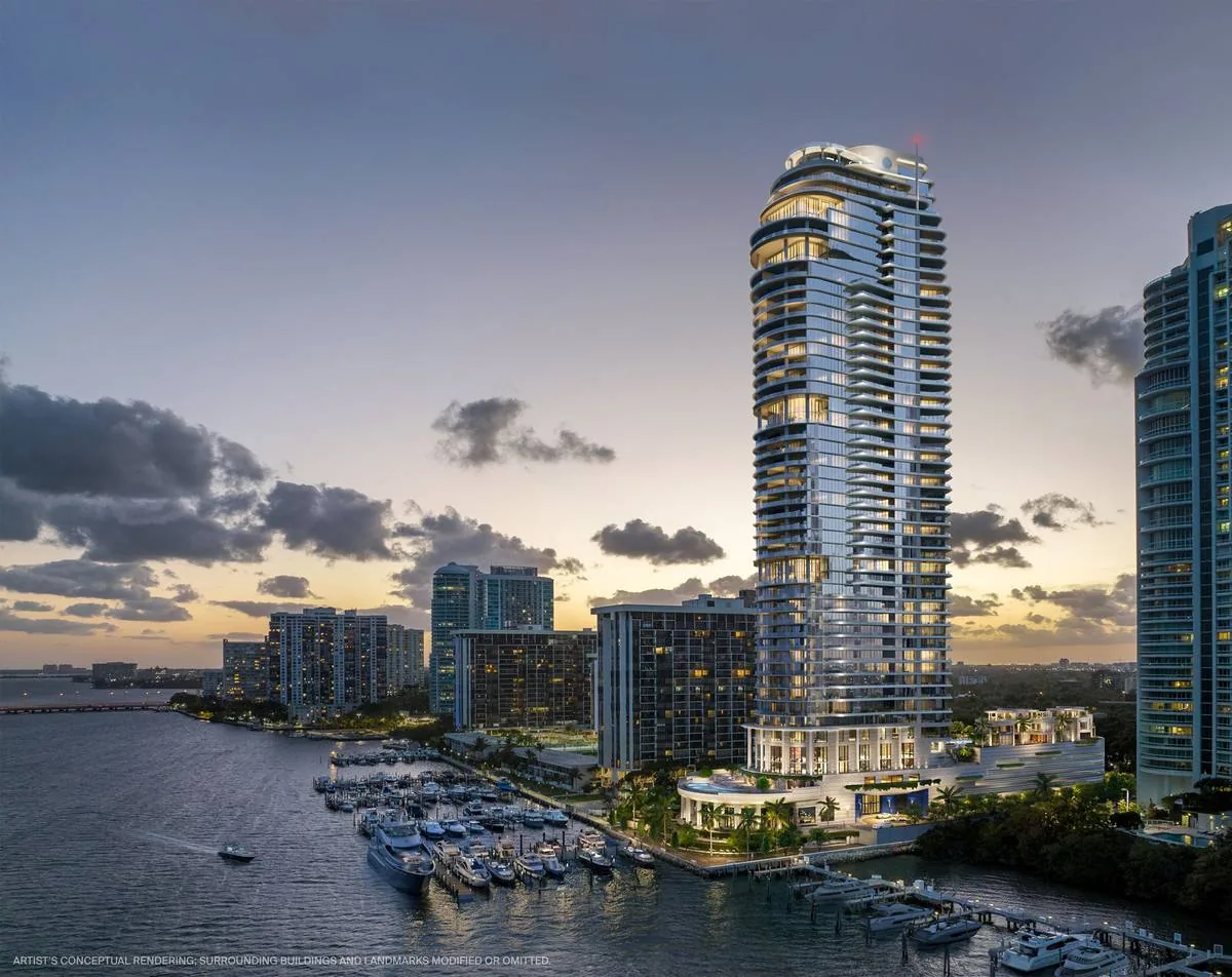 The St Regis Residences, Miami — artist's conceptual rendering of the bayfront tower and marina at 1809 Brickell Avenue