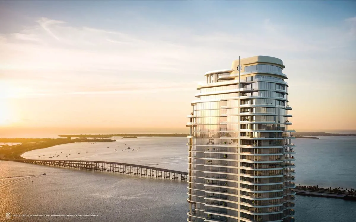 The St Regis Residences, Miami tower over Biscayne Bay at golden hour &mdash; artist's conceptual rendering