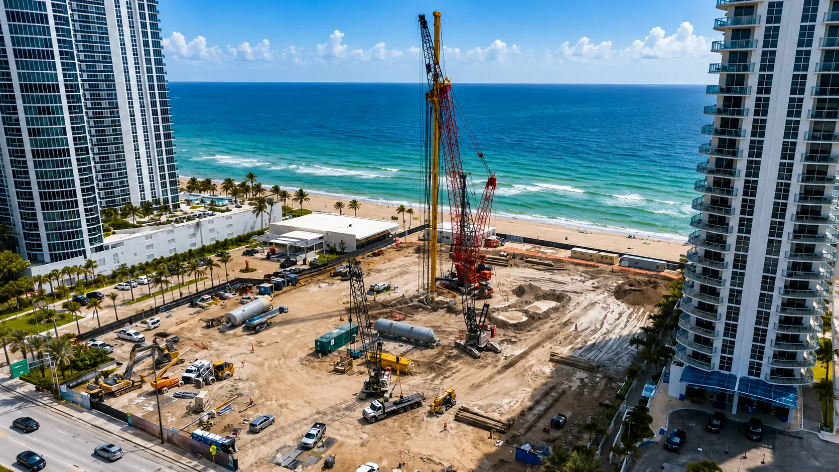 The St. Regis Residences, Sunny Isles Beach under construction at 18801 Collins Avenue during the South Tower foundation phase, with a pile-driving rig, crawler crane and excavators on the oceanfront site