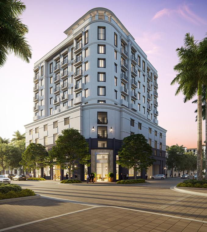 Render a nivel de calle al atardecer de The Avenue Coral Gables, un condominio boutique con comercio a nivel de calle en Coral Gables, Florida