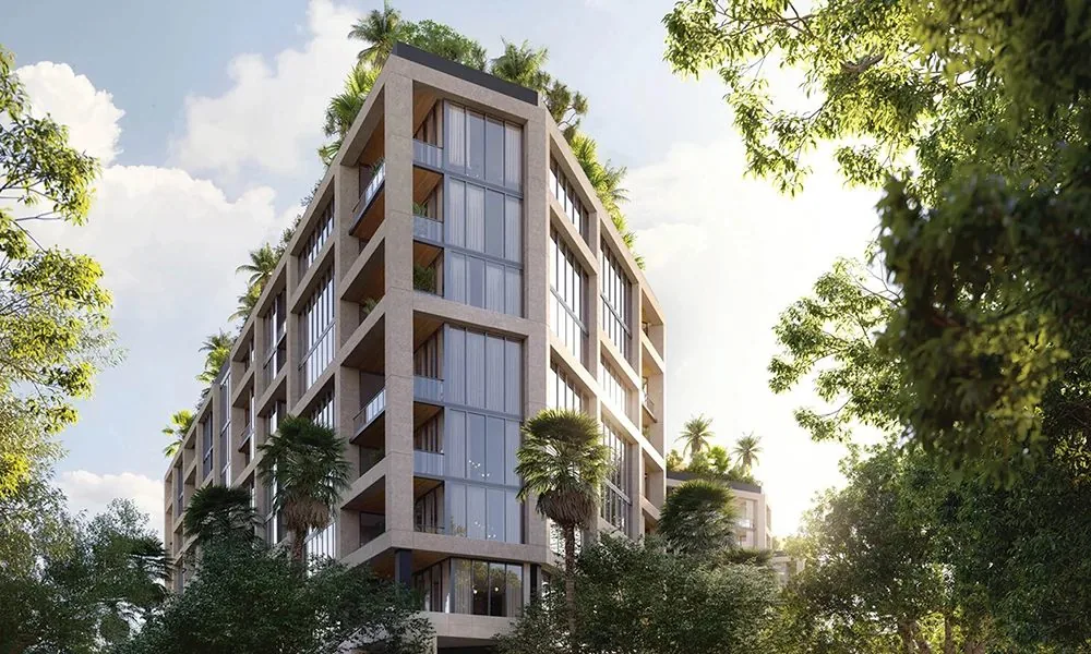 Exterior rendering of THE WELL Residences, Coconut Grove &mdash; a biophilic, plant-draped tower amid the tree canopy (artist's conceptual rendering)