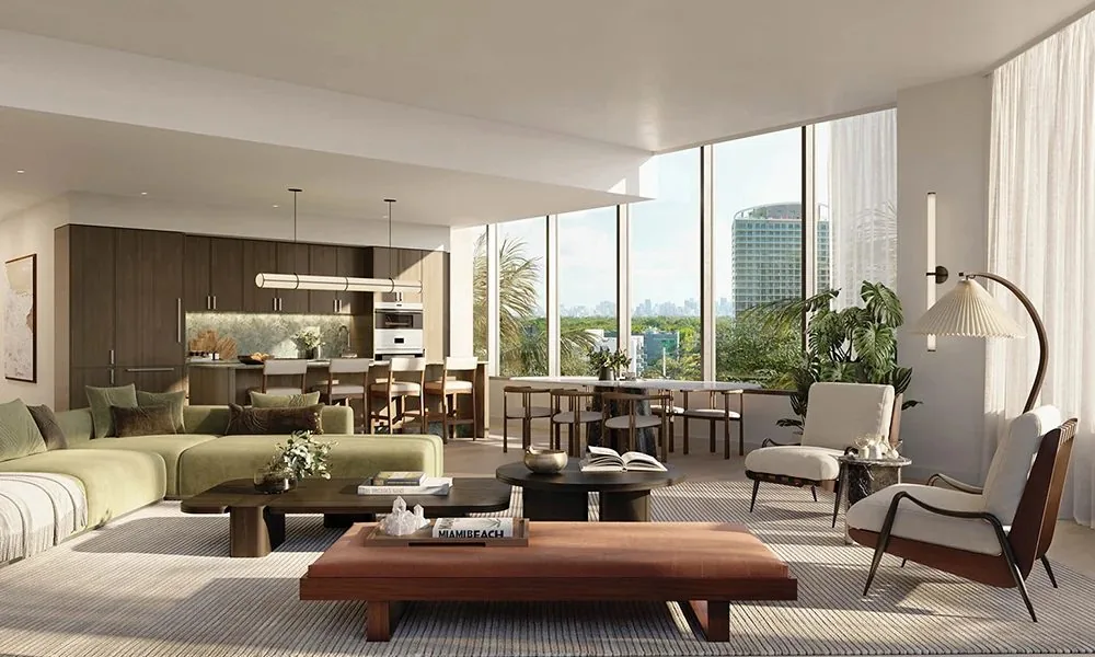 Open-plan kitchen and living room at THE WELL Residences, Coconut Grove with floor-to-ceiling glass and treetop views (artist's conceptual rendering)