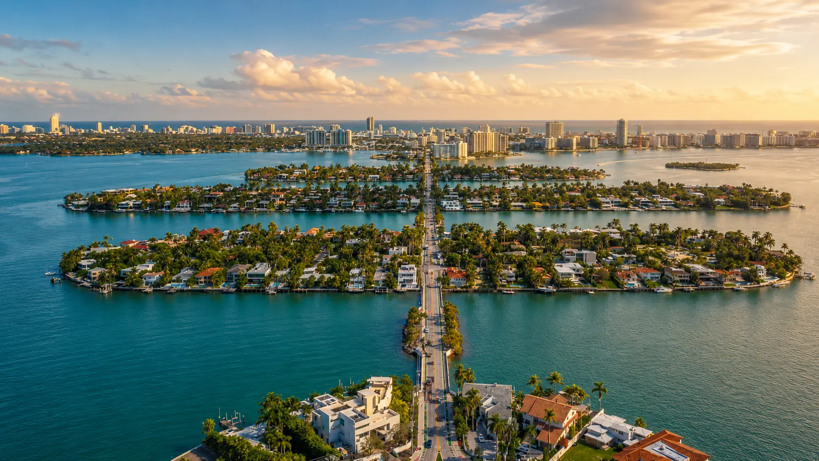 Aerial view of the Venetian Islands and Venetian Causeway in Biscayne Bay, with the Miami Beach skyline beyond
