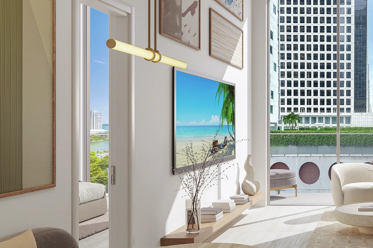 Artist's conceptual rendering of a Viceroy Brickell city flat interior with double-height ceilings and floor-to-ceiling glass
