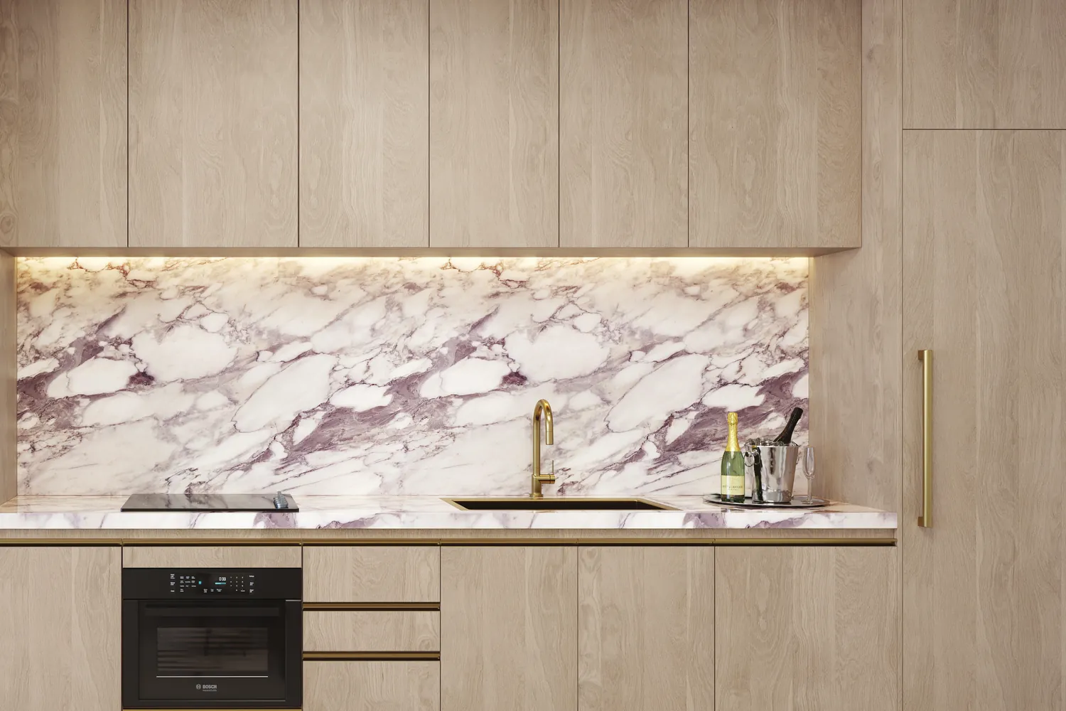Artist's conceptual rendering of a Meyer Davis Studio kitchen at Viceroy Brickell with Italian cabinetry and porcelain slab backsplash
