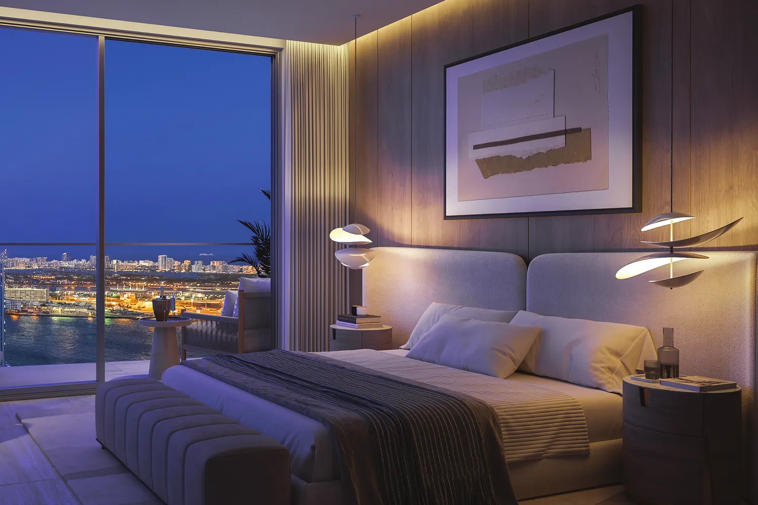 Artist's conceptual rendering of a primary bedroom at Viceroy Brickell with skyline and water views