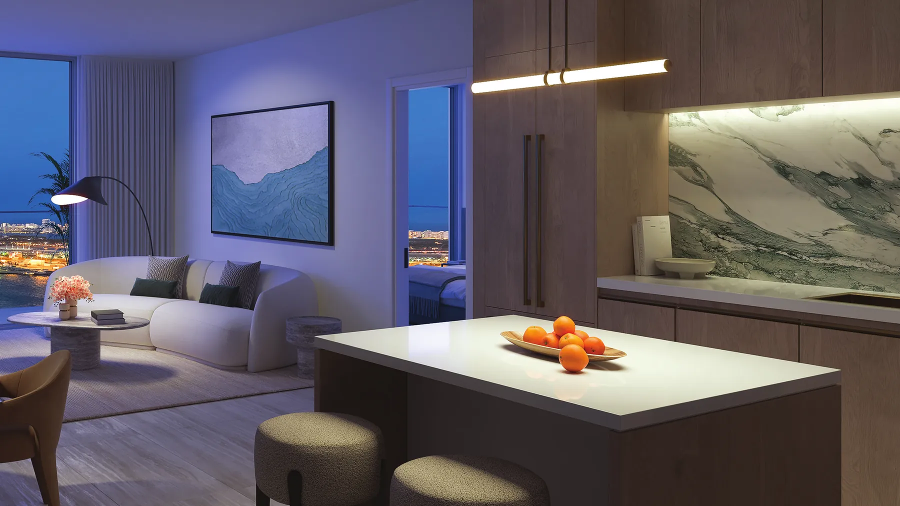 Artist's conceptual rendering of a Viceroy Brickell residence living room at dusk with skyline views through floor-to-ceiling glass