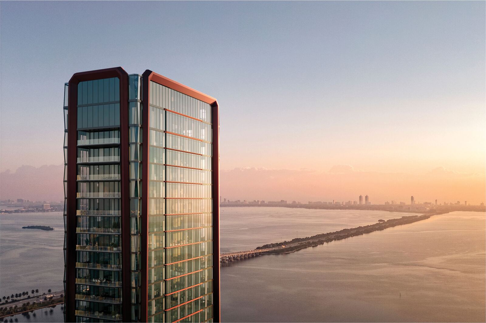 Corona de cristal con marco de bronce de Villa Miami al atardecer sobre Biscayne Bay y la costa de Edgewater