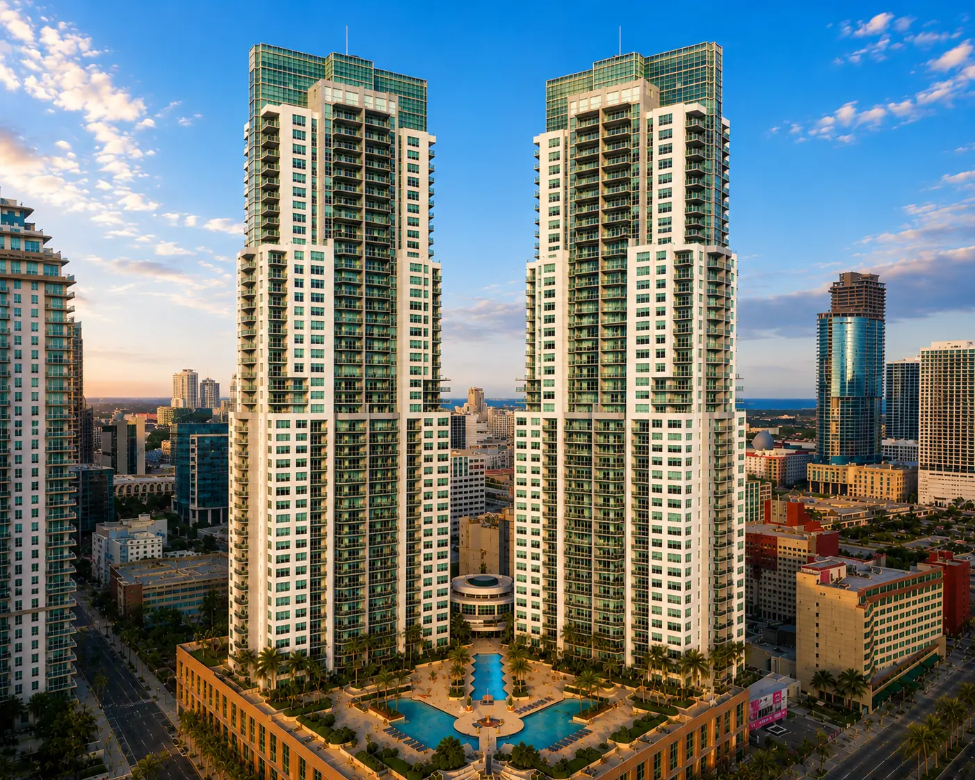 Vizcayne North and Vizcayne South twin condominium towers on Biscayne Boulevard, Downtown Miami